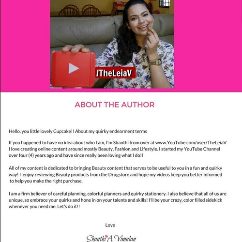 <div class="photoCaption">Hi, I'm Shanthi! A Singapore Beauty YouTuber and Blogger
I create Beauty and Lifestyle related content and have introduced a new series called, 'The Girlfriends' Guide Series' for 2017
Five episodes are already up on www.YouTube.com/user/TheLeiaV and complementing Blog posts over at www.theleiav.blogspot.sg with free to download worksheets, planners and more!
Sign up for my monthly newsletter with your first name and email address to receive sneak peaks and what's coming up next for the following month.. Come on over and have a look, now!! Subscribe to my YouTube Channel if you haven't already, June is filled with Holiday themed content!! #singaporeyoutuber #singaporeindianblogger
#beautycreator #contentcreator
#youtuber #beautyblogger #indianyoutuber #beautyvlogger #singaporebeautyblog #singaporebeautyblogger #clozette #theleiav #girlfriendsguideseries</div>