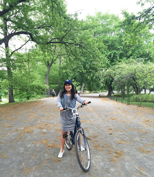 <div class="photoCaption">Wearing a good NYC cap with this dress from Banana Republic and my comfortable Keds favorite! Not too bad to go biking in a dress!</div>